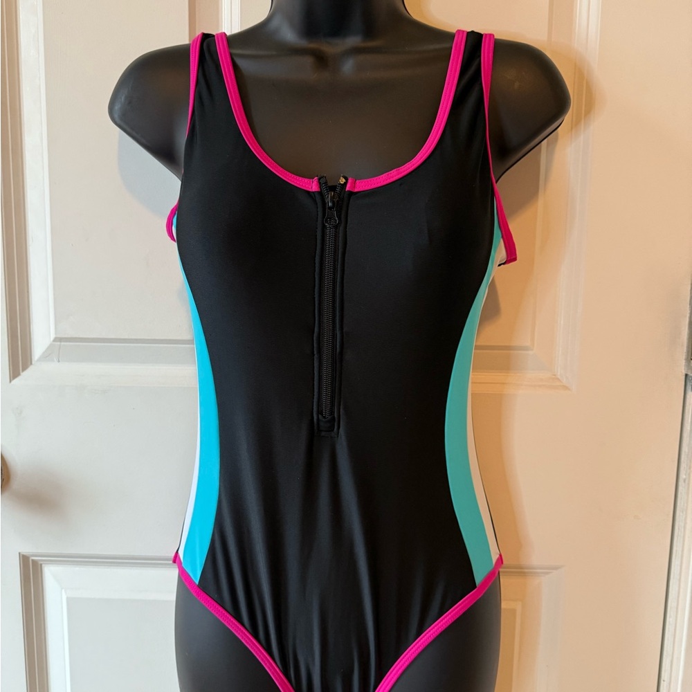 Black and Pink One-Piece Swimsuit with Blue Accents